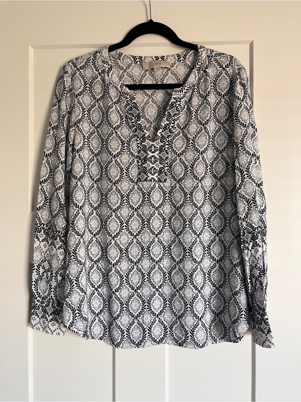 LOFT Navy, Light Blue and White Printed Long Sleeve Tunic Blouse